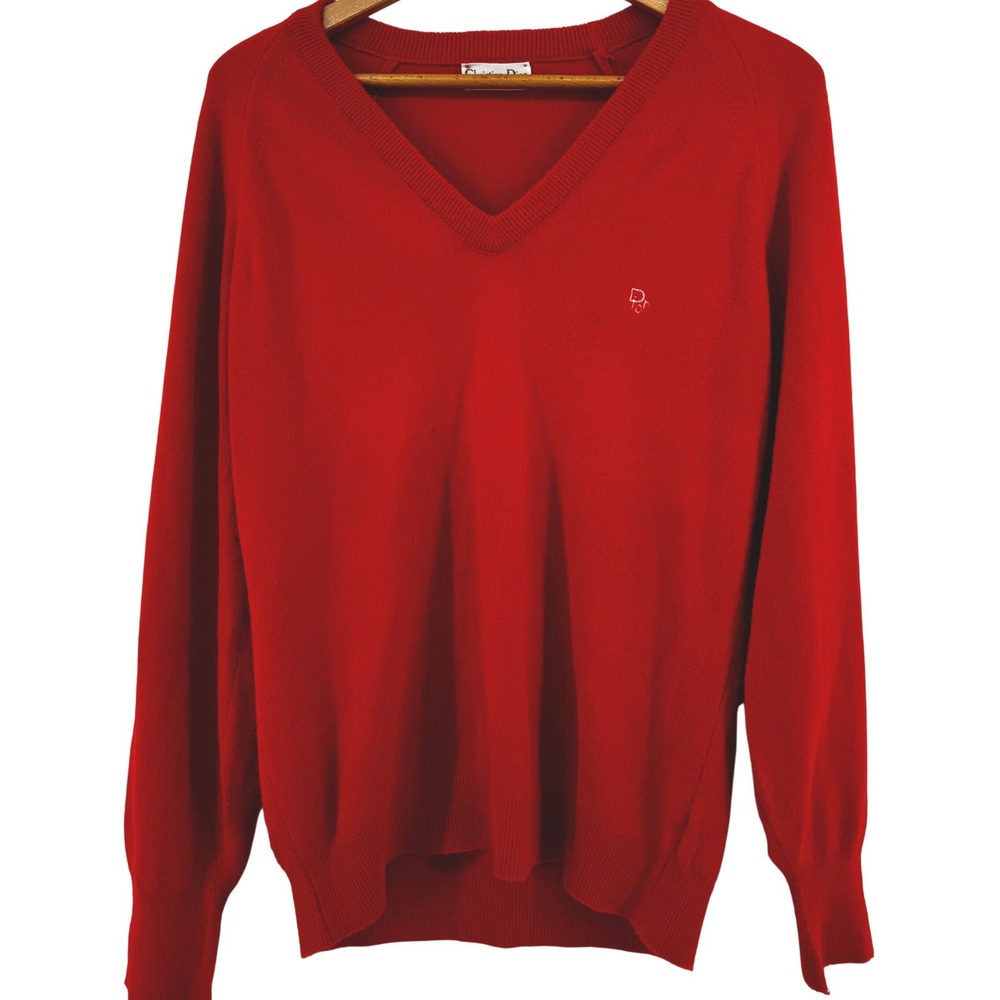 Vintage Christian Dior V-Neck Sweater Red Acrylic Knit Mens Small Made in USA
